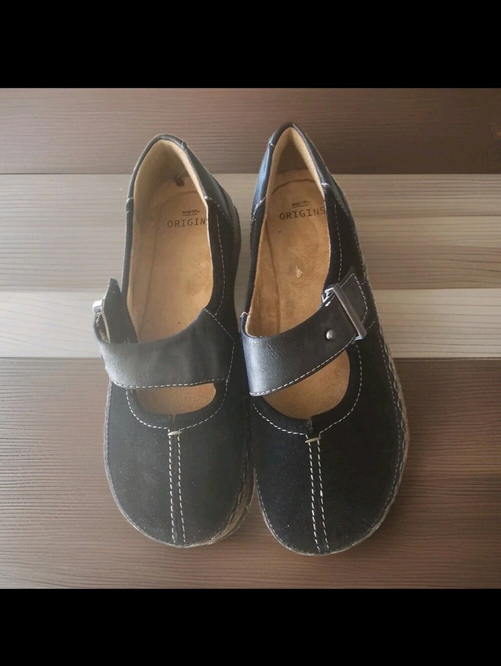 Earth Black Suede Mary Jane Flats with Buckle